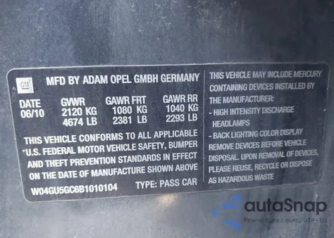 2011 Buick Regal Cxl Russelsheim из США, поврежденный, VIN W04GU5GC6B1010104